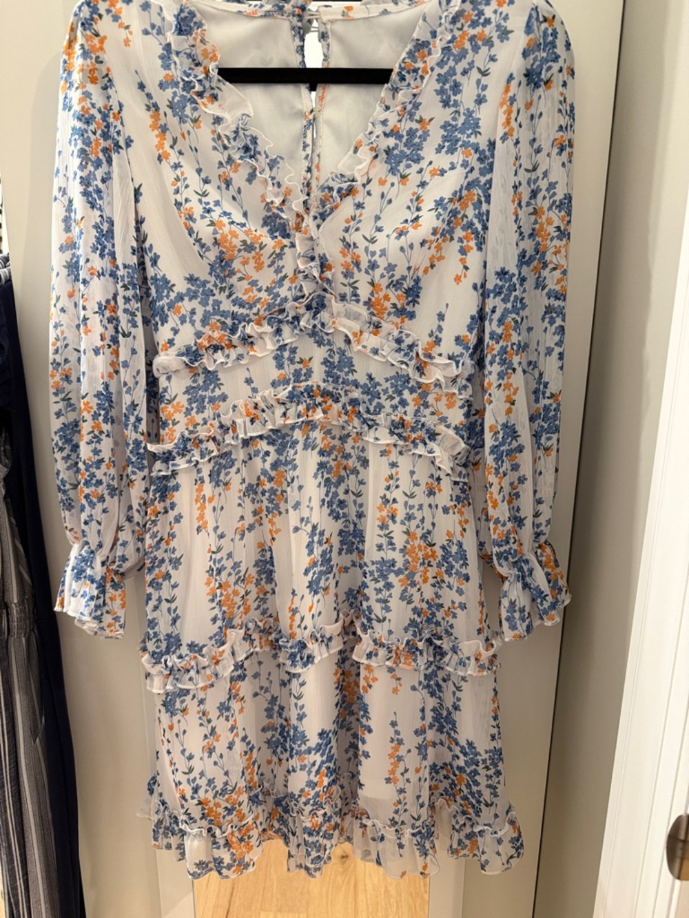 Floral Ruffle Tiered Long-Sleeve Dress in Blue & Orange